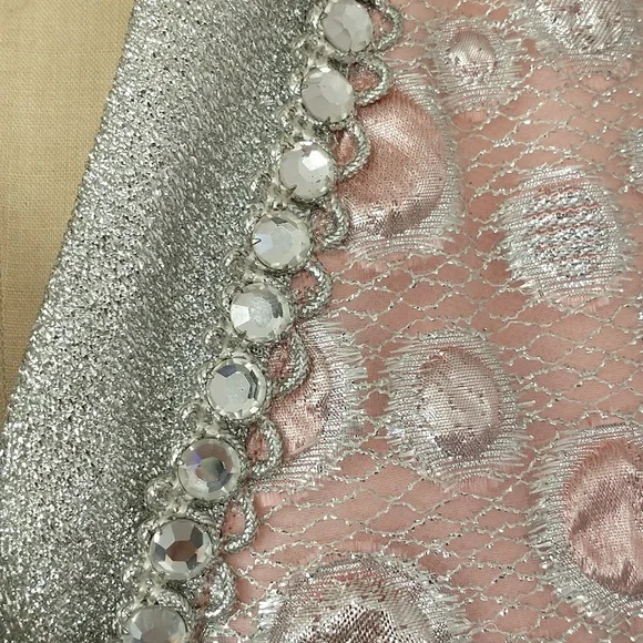 Sixties Silver & Pink Metallic Gown 60s Designer Maxi Feminine Glitter Sz 8 10